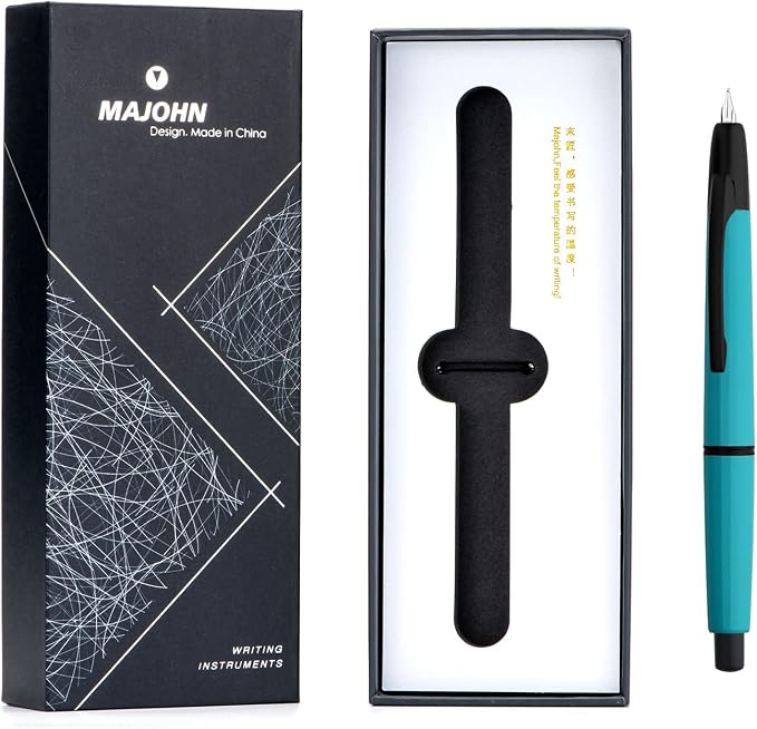erofa Majohn A2 Press Fountain Pen Extra Fine Nib with Box, Retractable Lake Blue Resin Ink Pen with Converter Writing Set (Black Clip Version