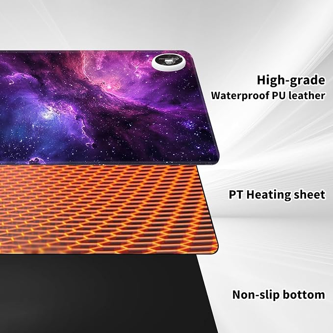 Warm Desk Pad,Heated Desk Pad,Office Mat,3 Heating Levels & 3 Hours Auto Shut-Off,31.5"*13" Gaming Mouse Laptop Keyboard Leather Desk Mat,Purple Galaxy Glliter