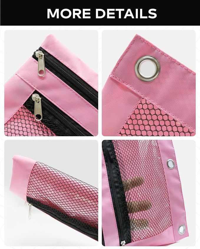 3 Ring Binder Pencil Pouch - Oxford Fabric Pencil Case with 2 Zippered Pockets, Clear Mesh Window Pencil Bag, B5 Size for Office & Travel Supplies (Pink)