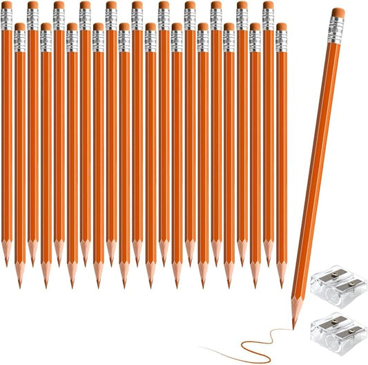 24PCS Erasable Colored Pencils with Eraser Pre Sharpened Pencil 2 HB - Ideal for Checking, Grading, Tests & Office/School Supplies (Orange)