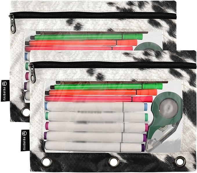 Cow Skin Print Pencil Pouch Fits Standard 3-Ring Binders, Zipper Binder Pencil Bag with Clear Window for Class Office 2 Pack