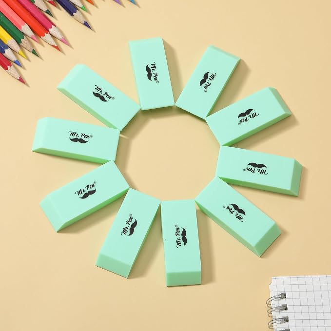 Mr. Pen- Pencil Eraser, 12 Pack, Green | Large Latex Free Block Erasers for School, Office, Art Sketching, Homework, Exams, Clean Smudge-Free Correction