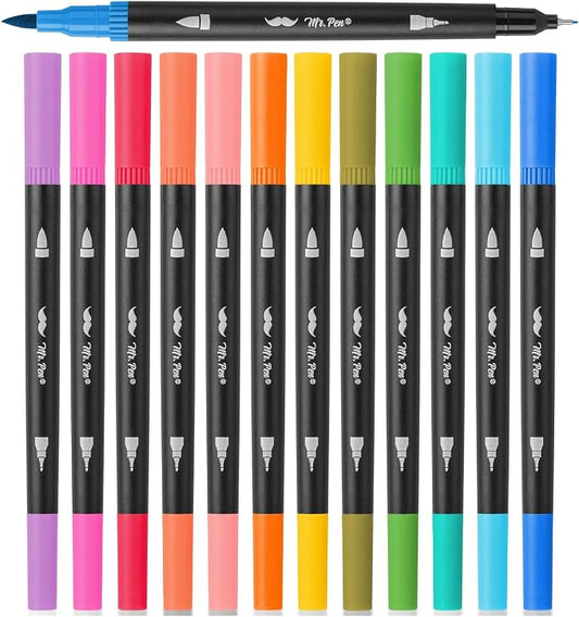 Mr. Pen- Dual Tip Brush Pens, 12 pcs, Assorted Color | Fine & Brush Tip Markers for Adult Coloring Markers for Adults
