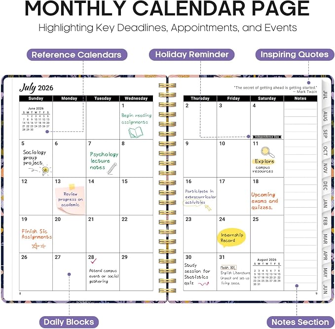 Planner 2026-2027, Academic Year Monthly and Weekly Calendar Planner, Jul 2026 - Jun 2027, Hardcover Teacher Student Planning Agenda book with Tabs, Perfect for School Office Supplies, 6.3" x 8.5" - Mushroom Garden