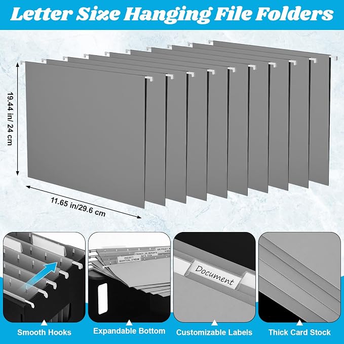 Qeeenar 2 Pcs Desktop Hanging File Organizer Box with 10 Pcs Gray Hanging File Folders Letter Size Folder Storage Portable Storage Cabinets Document Holder for Office Supplies Home