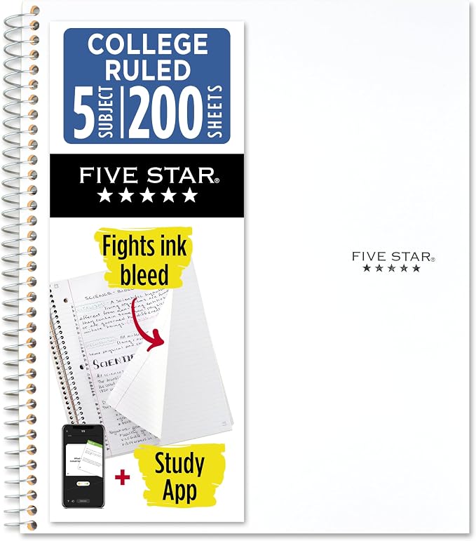 Five Star Spiral Notebook + Study App, 5 Subject, College Ruled Paper, 8-1/2" x 11", 200 Sheets, Fights Ink Bleed, Water Resistant Cover, White (72460)