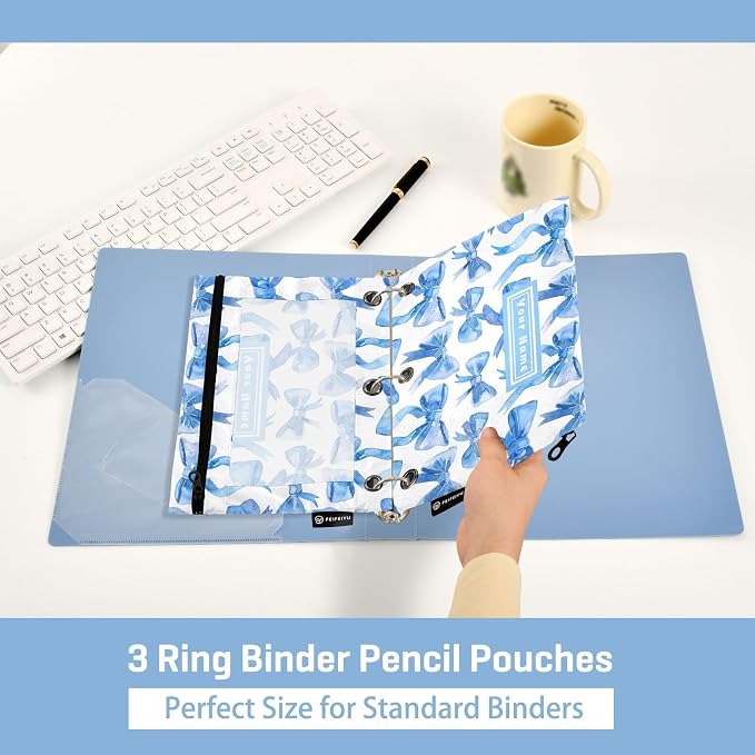 Custom Binder Pencil Pouches Personalized Blue Ribbon Bows Watercolor Pen Case | Clear Window 3 Rings, Cosmetic Bags School Office Supplies Cosmetic Makeup Bag 2 Psc