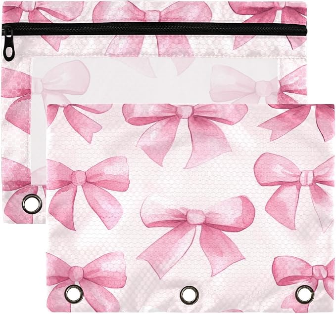 Pink Bows Pencil Pouch Fits standard 3-ring binders, Zipper Binder Pencil Bag with Clear Window for Office 2 Pack