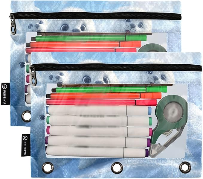 White Seal Lion Nautical Pencil Pouch for 3 Ring Binder, 2 Pack Zipper Pencil Pouches with Clear Window Pencil Bag Case Office School Supplies