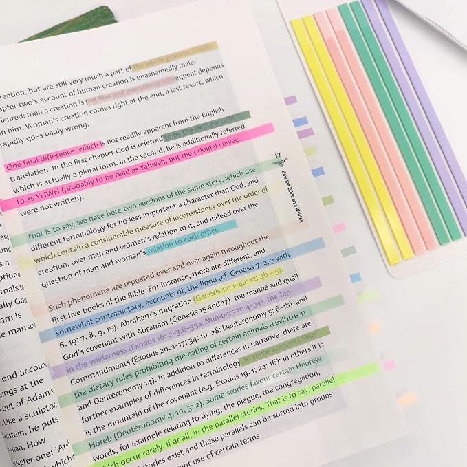 Potanro 960Pcs Highlighter Tape Translucent Sticky Long Tabs, | 6 Sheet Clear Sticky Notes Tabs, Highlighting Strips Index Tab for Annotating Books Bible Study Supplies,Teachers
