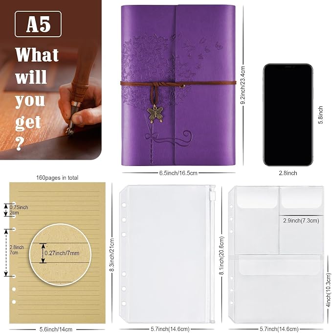 6 Pack Leather Notebook Journal, Travel Journal Bulk, Refillable Vintage Journals for Writing, Diary Gifts for Women, Men, Girls, Boys, 100GSM Lined Paper, Each 160 Pages & 2 Pockets (A5, 9.2" x 6.5")