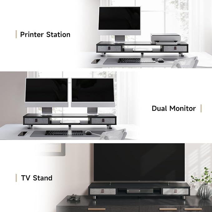 Fenge Dual Monitor Stand, 2-Tier Desk Organizer with Drawers, 42.5in, Black | Monitor Riser with Storage, Ergonomic Height Adjustable Computer Stand, Desk Shelf for Top of Desk, Laptop, PC, TV
