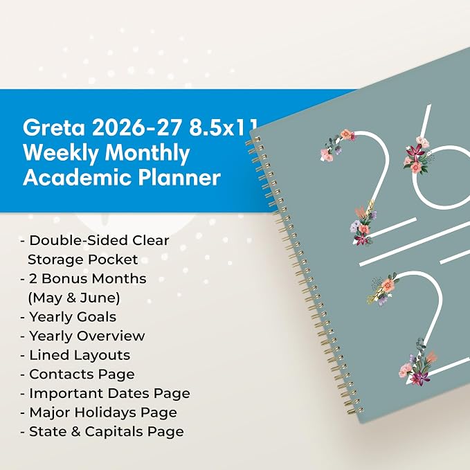 Blue Sky 2026-2027 Weekly & Monthly Academic Planner, 8.5"x11", Greta | July 2026 - June 2027, Flexible Cover, Wirebound, Storage Pocket, Laminated Tabs, Academic Year