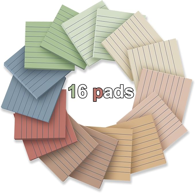 (16 Pack) Lined Sticky Notes 3x3 in Ruled Stickies Super Sticking Power Memo Pads Vintage Colors, Post on Windows Doors,Recyclable,Easy to Write on