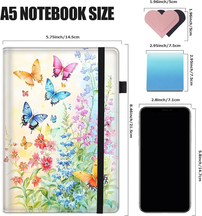 Hardcover Executive Notebooks, A5 PU Leather Lined Journal Notebook, 200 Pages Thick Paper Subject Notebooks for School,Work,Home Writing Business Notebook,Watercolor Butterflies and Flowers