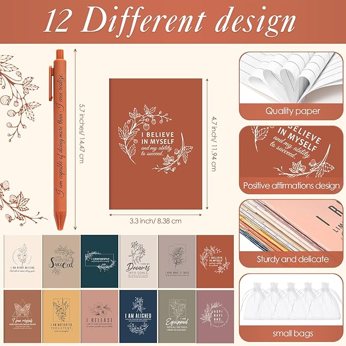 Mooliwe 72 Pcs Positive Affirmation Gift Set Gratitude Notebooks with Pens Small Bags Motivational Encouragement Notepads Daily Affirmations Journal for Women Stress Relief Self Care (Simple)
