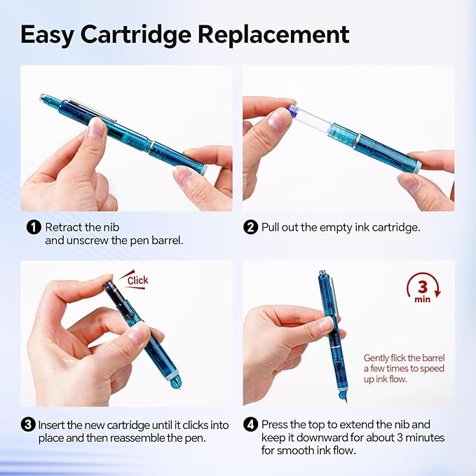 WRITECH Clictek Fountain Pen Set: Retractable Style Blue Ink Medium Nib Transparent Barrel, Includes 5 Ink Cartridges for Gift Set, Smooth Writing No Leaking