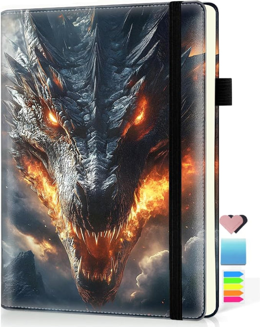 Hardcover Executive Notebooks, A5 PU Leather Lined Journal Notebook, 200 Pages Thick Paper Subject Notebooks for School,Work,Home Writing Business Notebook, Diary Book, Dragon Roaring