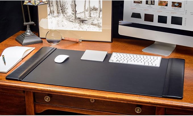 Classic Leather Desk Pad with Side Rails - Luxury Leather Desk Blotter for Writing - Padded Executive Desk Surface Protector - (Black, 34” x 20”) - Dacasso