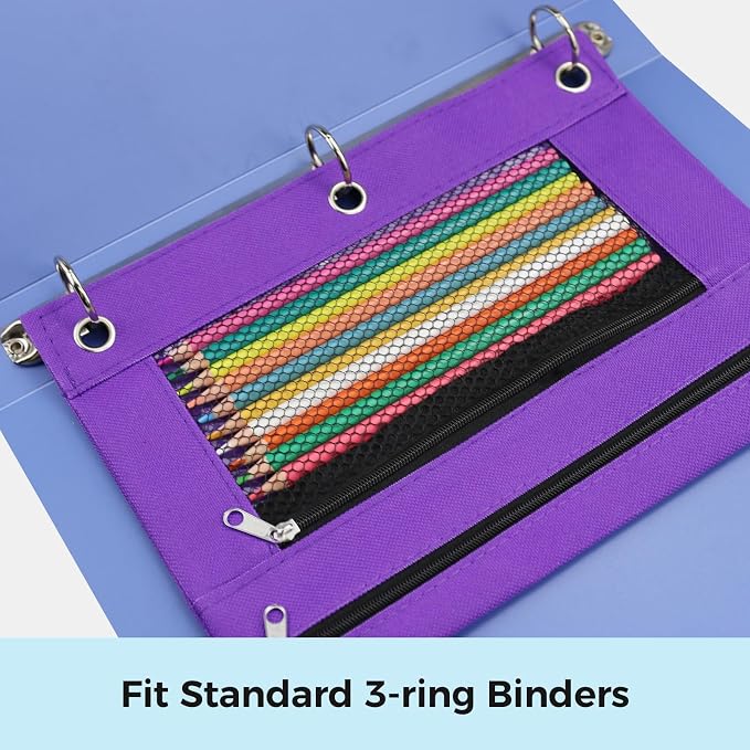 Pencil Pouch for 3 Ring Binder, Pencil Case Bag with Zipper, 600D Fabric Pencil Pouch Holder Accessories, Clear Window Pencil Case Aesthetic Back to School Organizer Pockets for Boy Girl (Purple)