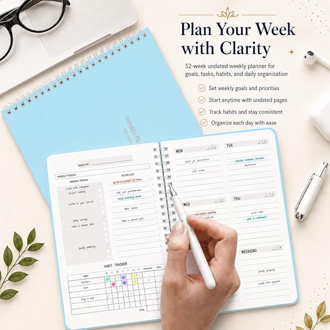 TREES Undated Weekly Planner, Weekly To-Do List, Goal and Habit Tracker | 5.8" x 8" Spiral-Bound Organizer for Weekly Goals, Tasks and Habits, Designed for Work, School and Everyday Planning