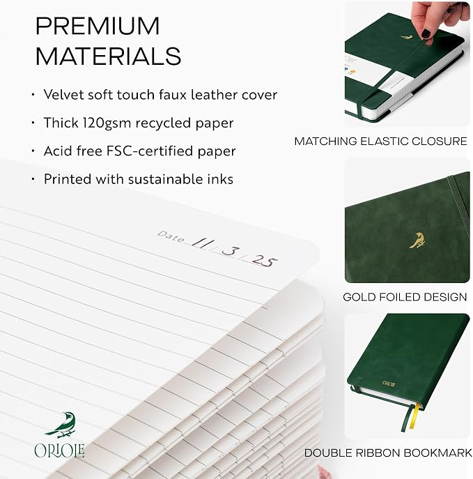 Oriole Vegan Leather Ruled Notebook - Racing Green | 176 Pages of Thick Lined Paper | Soft Touch Hardcover Journal (5 x 8 in) with Gold Foil Bird Design & Luxury Gift Box