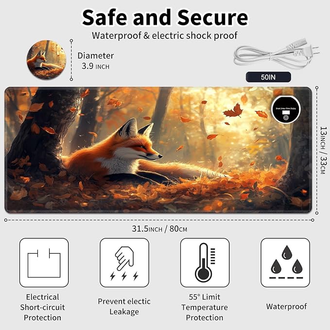 Warm Desk Pad,Heated Desk Pad,Office Mat,3 Heating Levels & 3 Hours Auto Shut-Off,31.5"*13" Gaming Mouse Laptop Keyboard Leather Desk Mat,Cute Fox Forest