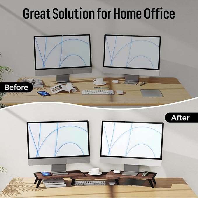 loukin Dual Monitor Stand Riser for Desk, 43.6"×8.2" Computer Stand, Brown | Supports 22 lb, No Installation Required, Water-Resistant Surface, Fits Laptops and Printers, Ergonomic Design