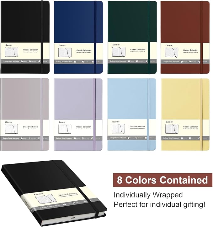 Comix 8 Pack Lined Journal Notebooks for Work, 240 Pages, 5.5"x8.3", Hardcover, A5 Medium College Ruled, Journaling Notebooks for Notes-taking, Fits for Office School Home, Rainbow