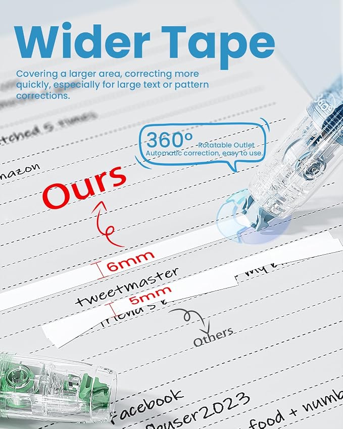 Four Candies 2-Pack White Correction Tape, 118.1 ft, 6mm Width (Blue Green) | with 4 Refill Tapes, Refillable, Tear-Resistant, Smooth, Quick Dry, Cute Pen Shaped, for School Teen & Adults