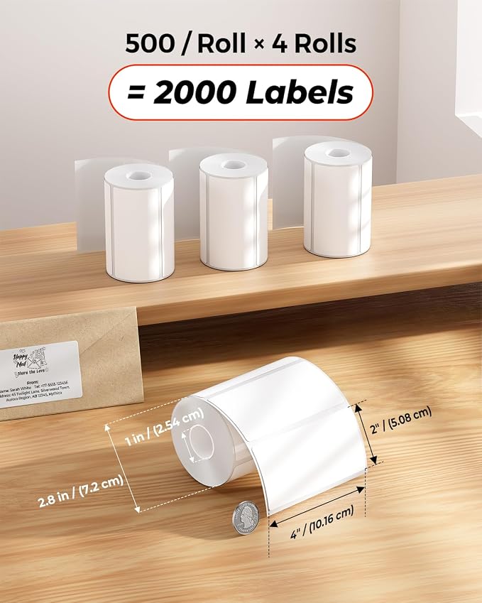 MUNBYN 4x2 Thermal Labels, 2000 Sheets/4 Roll，White | Strong Adhesive & Perforated, Non BPA&BPS for Small Business, Barcode, Bakery, Inventory, Price Tag