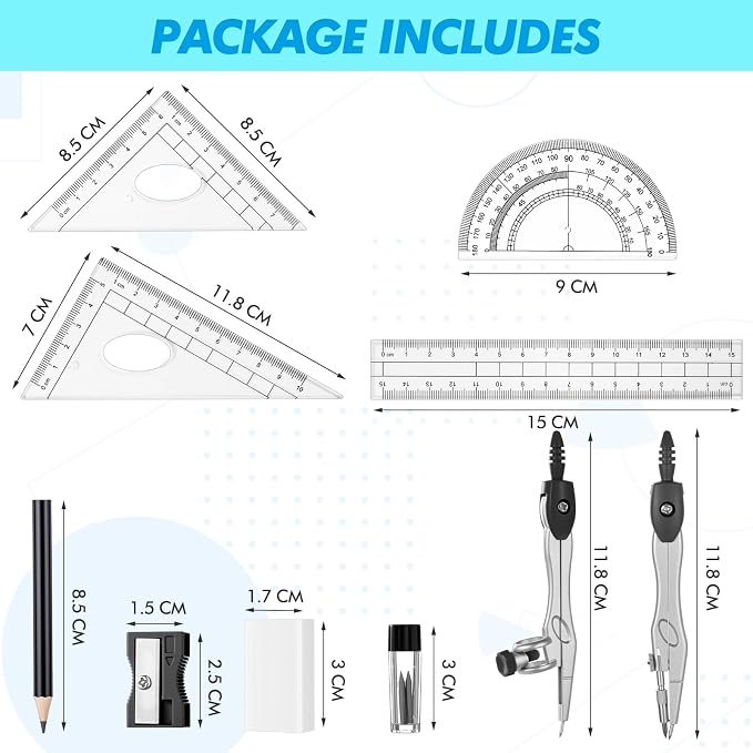 Zonon Math Geometry Set for Students 10 Pcs Compass Geometry Tools Kit Includes Protractor Compass Lead Refills Rulers Pencil Sharpener Eraser Pencil Storage Box for Drafting and Drawings(Black)