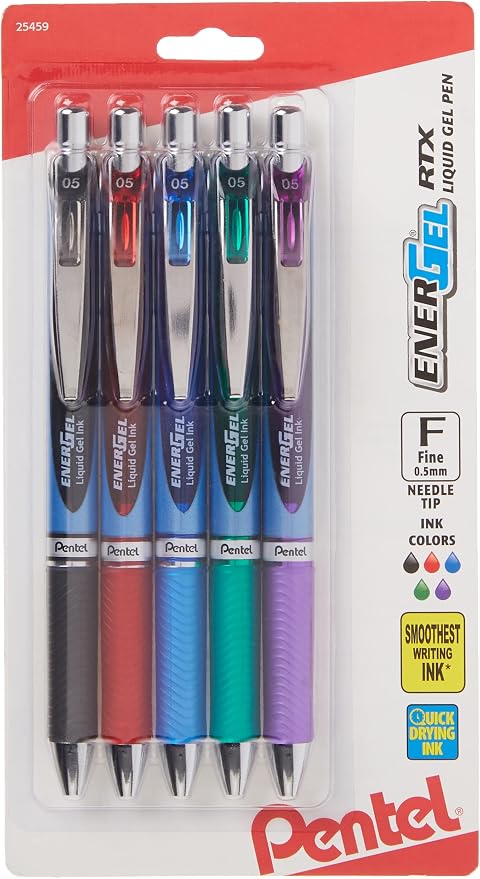 Pentel EnerGel RTX Retractable Liquid Gel Pen, (0.5mm), Fine Line, Metal Tip, Assorted Ink Colors, Pack of 5 (BLN75BP5M)