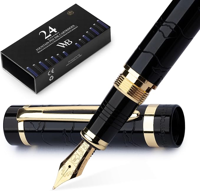 Wordsworth & Black Primori Luxury Fountain Pen Set for Writing, Medium Nib | Black Gold, Gift for Men Women, Metal Body, 18K German Iridium, Calligraphy, Converter + 24 Ink Cartridges, Refillable