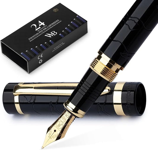 Wordsworth & Black Primori Luxury Fountain Pen Set for Writing, Medium Nib | Black Gold, Gift for Men Women, Metal Body, 18K German Iridium, Calligraphy, Converter + 24 Ink Cartridges, Refillable