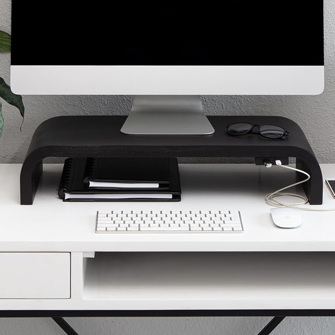Anji Mountain Wood Monitor Stand Riser Desk Desktop Organizer Table for Home, Office Workspace, Laptop Riser, Ergonomic Design Stand for Gaming Setup, with Power Source, Black