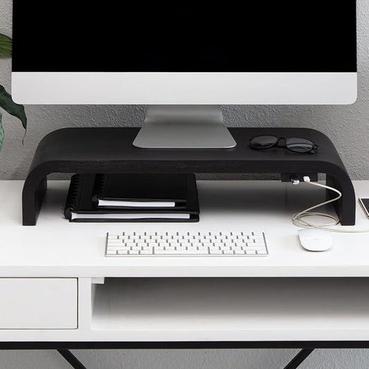 Anji Mountain Wood Monitor Stand Riser Desk Desktop Organizer Table for Home, Office Workspace, Laptop Riser, Ergonomic Design Stand for Gaming Setup, with Power Source, Black