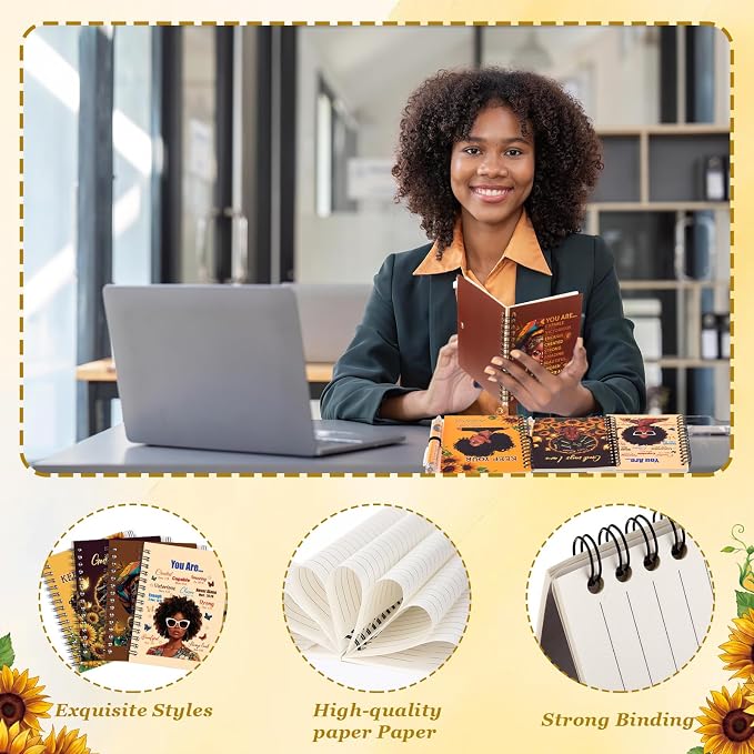 Colarr 12 Sets Black Women Journals and Pen Gifts African American Journal and Pen for Black Girl Lady Brown Inspirational Spiral Notebooks African American Gifts