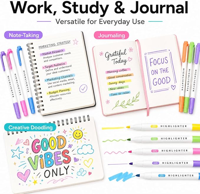 YOOUSOO 25 Pack Pastel Highlighters Assorted Colors No Bleed | Dual Tip Chisel and Fine Tip Bible Highlighter, Fluorescent Highlighter Pens for Classroom School Student Office Journals