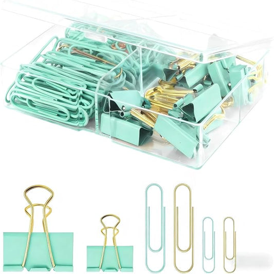 Cute Girly Office Supplies Set - Green & Colored Paper Clips + Binder Clips Assorted Sizes, Metal Paperclips & Cute Binder Clips for Home School Office