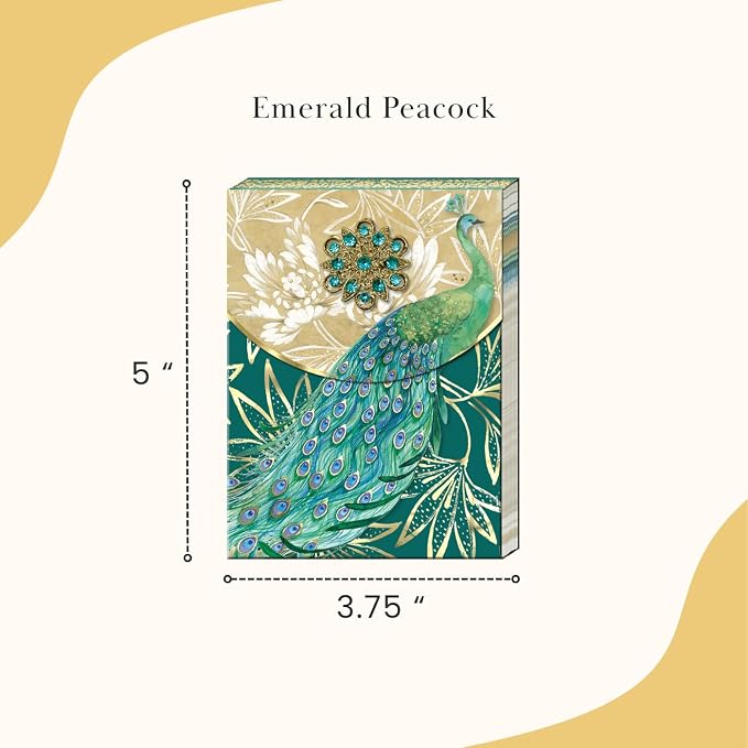 Punch Studio Flip-Top Notepad For Daily Notes or Notes on-the-go, with Magnetic Closure, Brooch Embellishment, Gold-Foil Accents & 75 Illustrated Sheets, 5" x 3.75" - Emerald Peacock (44667)