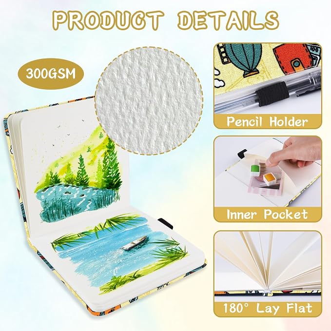 5x5 Handy Portable Handmade Cloth Fabric Hardcover Sewing Binding Travel Watercolor Paper 140LB/300gsm 20Sheets/40Pages Journal Mixed Media Pad Sketchbook. Travel