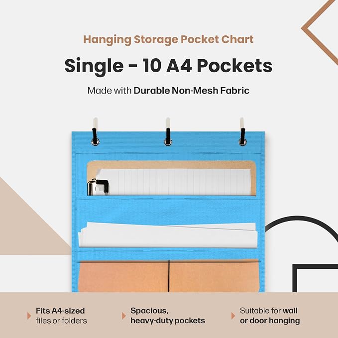 Hippo Creation Storage Pocket Chart for Classroom, 10 Pocket Storage Organizer with 3 Over-Door Hangers, Hanging Wall Organizer for File Folders, School Mailbox, Home Office Papers - Clear Blue