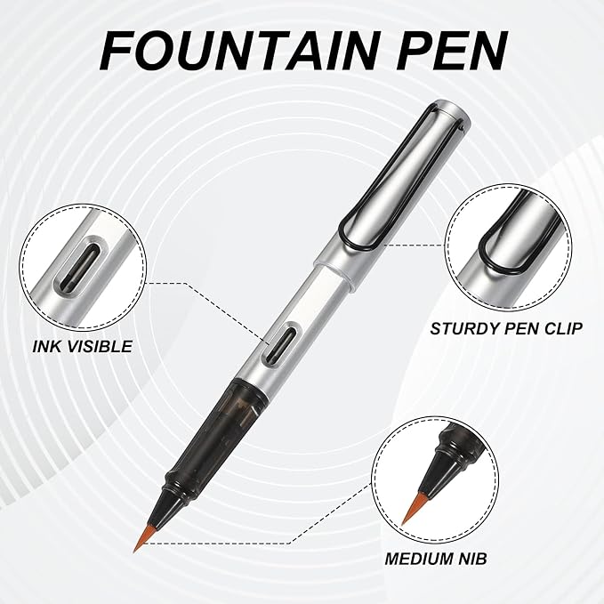 PATIKIL 4Pcs Calligraphy Brush Pens, Fountain Ink Brush Pen Refillable with 10Pcs Ink Refill for Writing Lettering Drawing Chinese Japanese Signature, Silver