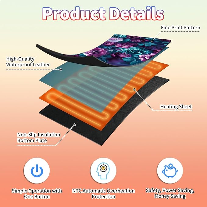 Heated Desk Pad Large Mouse Pad 23.6 x 14.1 inch with 3 Levels Heating & Auto Shut-Off Warm Mouse pad PU Leather Computer Mousepad for Home Office Work - Colorful Rose Flowers