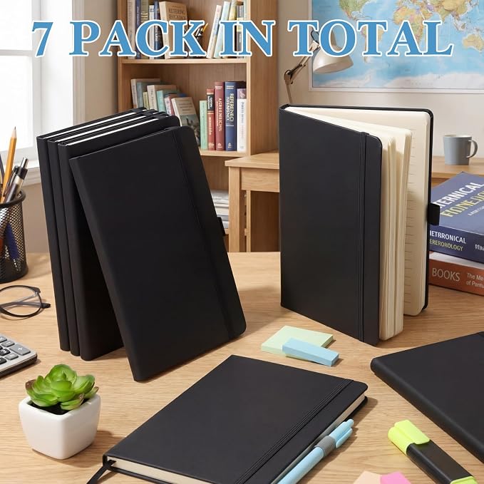 Laumoi 7 Pack Hardcover Journal Notebooks Bulk A5/A4/B5 Journaling Notebook Wide Ruled PU Leather Ruled Lined Journals with Pen Holder for School Business Work Writing (Black,A4)
