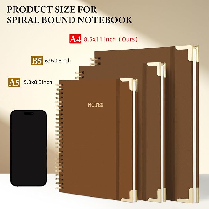 ALKALO A4 Large Spiral Notebook Journal, (8.5×11'') 100 Pages Linen Hardcover College Ruled Journaling For Work & Note Taking Thick Spiral Journal For Writing Daily Journal For Women & Men-Brown