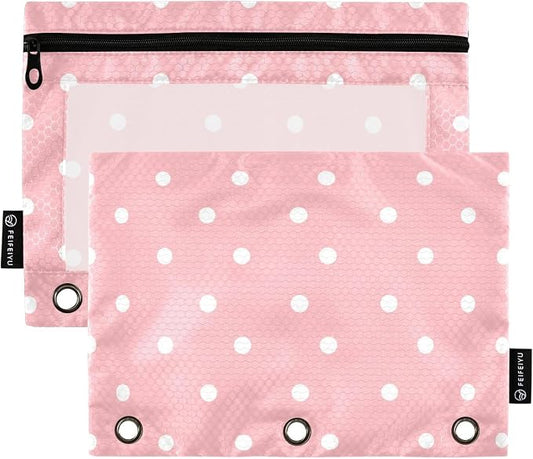 ALAZA Pencil Pouch for 3 Ring Binder, White Polk Dot Pink Binder Pencil Pouches with Clear Window Zipper Pencil Case Cosmetic Bags for Office College Supplies, 2PCS