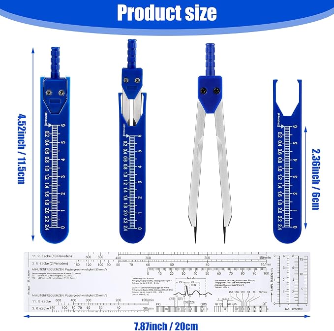 Tondiamo 2 Pack EKG Calipers EKG Ruler Card Combination Set ECG Drafting Electrocardiographs Measuring Tool for Doctors, Nurses, Medical Student(Black and Blue)