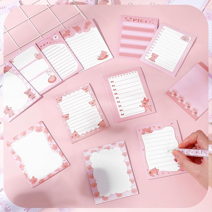 Chiisong 12 Pads Piggy Sticky Notes 3x4 Inch Cute Self Stick Notepads Notes Adhesive Memo Pad Office Decor Gifts Pink Kawaii Memo for Christmas Students School Teacher Meeting Office Supplies